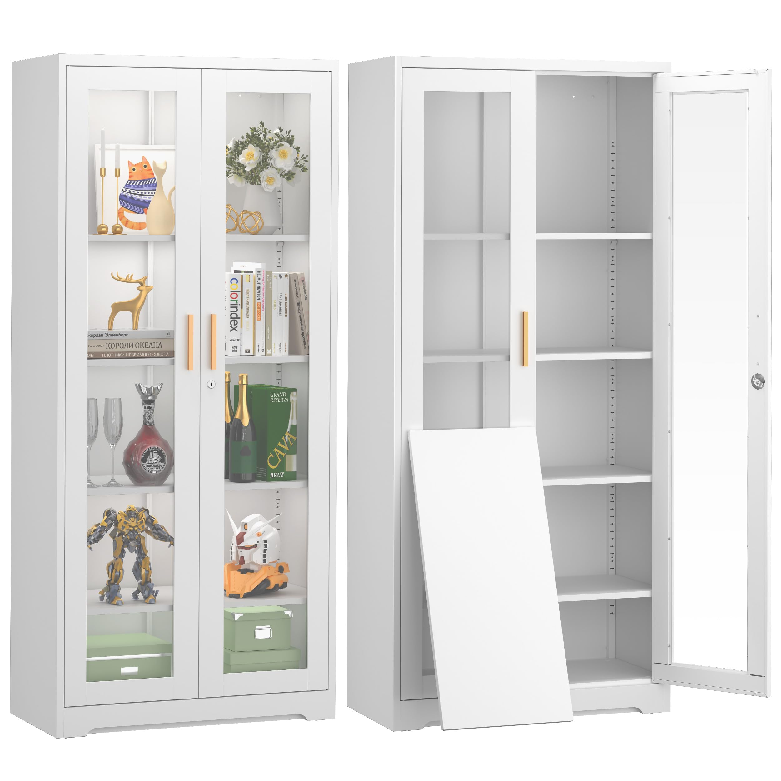 TIMELESS PIECES Curio Display Cabinet with Glass Door,71”H Metal Display Case with 4 Adjustable Shelves,White China Storage Cabinet for Collectibles,