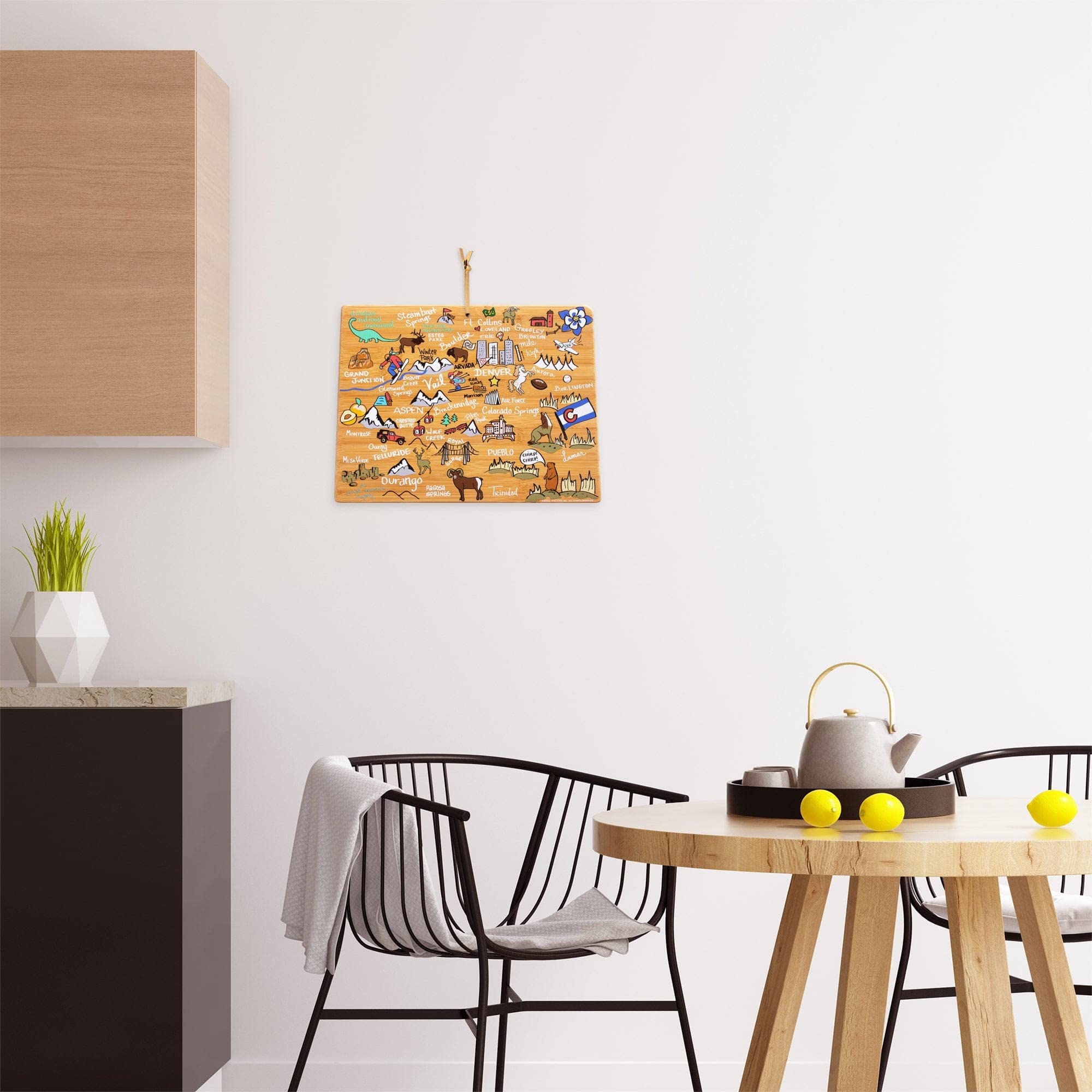 Totally Bamboo Colorado State Shaped Cutting Board and Charcuterie Serving Platter with Artwork by Fish Kiss, Includes Hang Tie for Wall Display