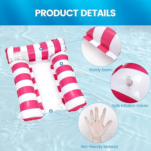 Miniatura 3 de Paquete de 2 flotadores inflables para piscina, hamaca 4 en 1 con malla inferior, 3 tubos, hamaca inflable para adultos, silla flotante portátil