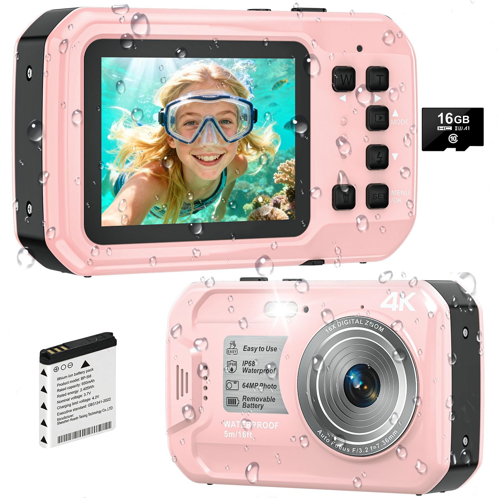 Caméra sous-marine 4K 16FT étanche avec carte de 32 Go 64 MP autofocus double écran selfie pour la plongée en apnée