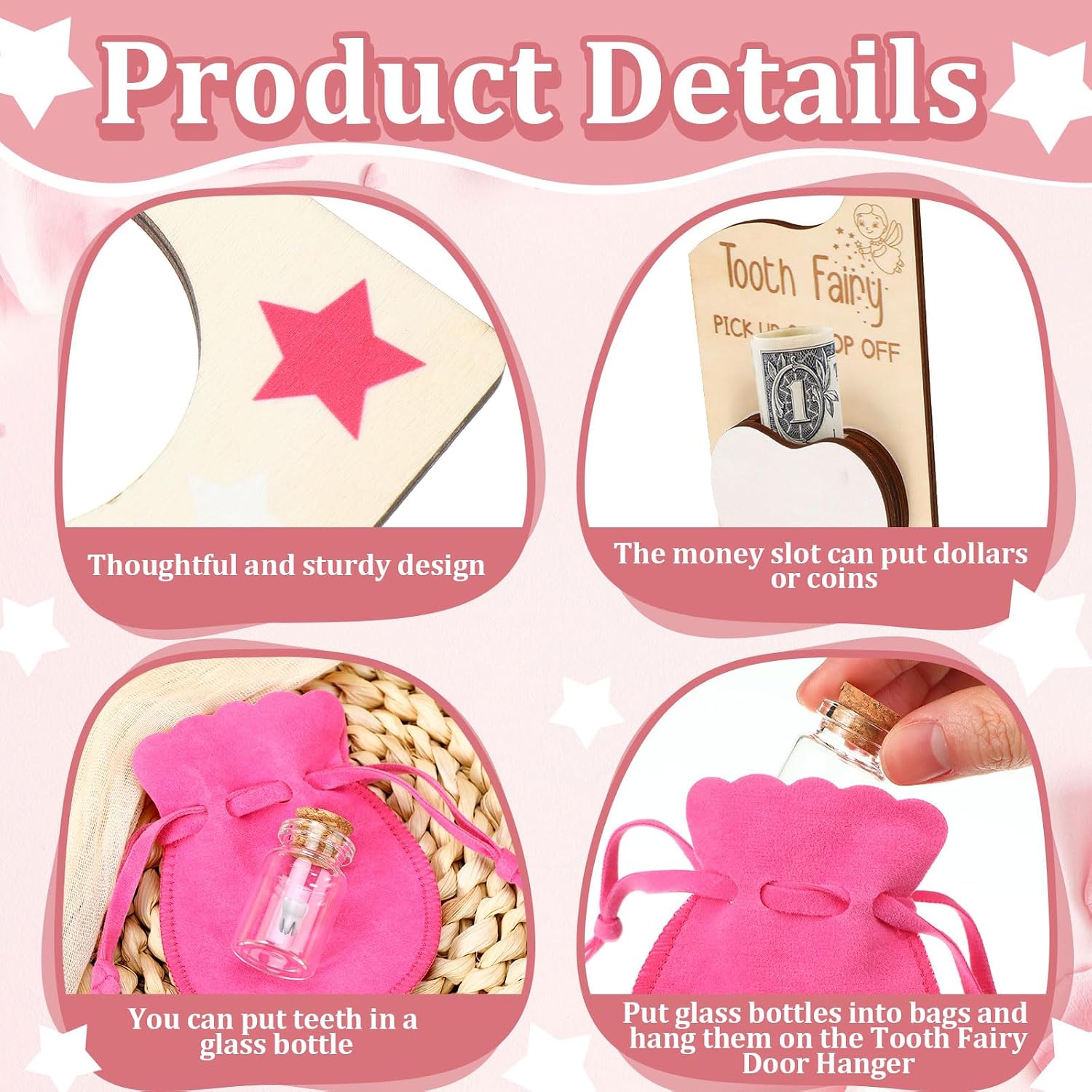 DoubleFill Tooth Fairy Gift Holder Bag Door Hanger Tooth Fairy Kit Stores Lost Teeth Keepsake Box Easter Gift World Oral Health Day Gifts for Lost Teeth Boy Girl(Classic,Rose Red)