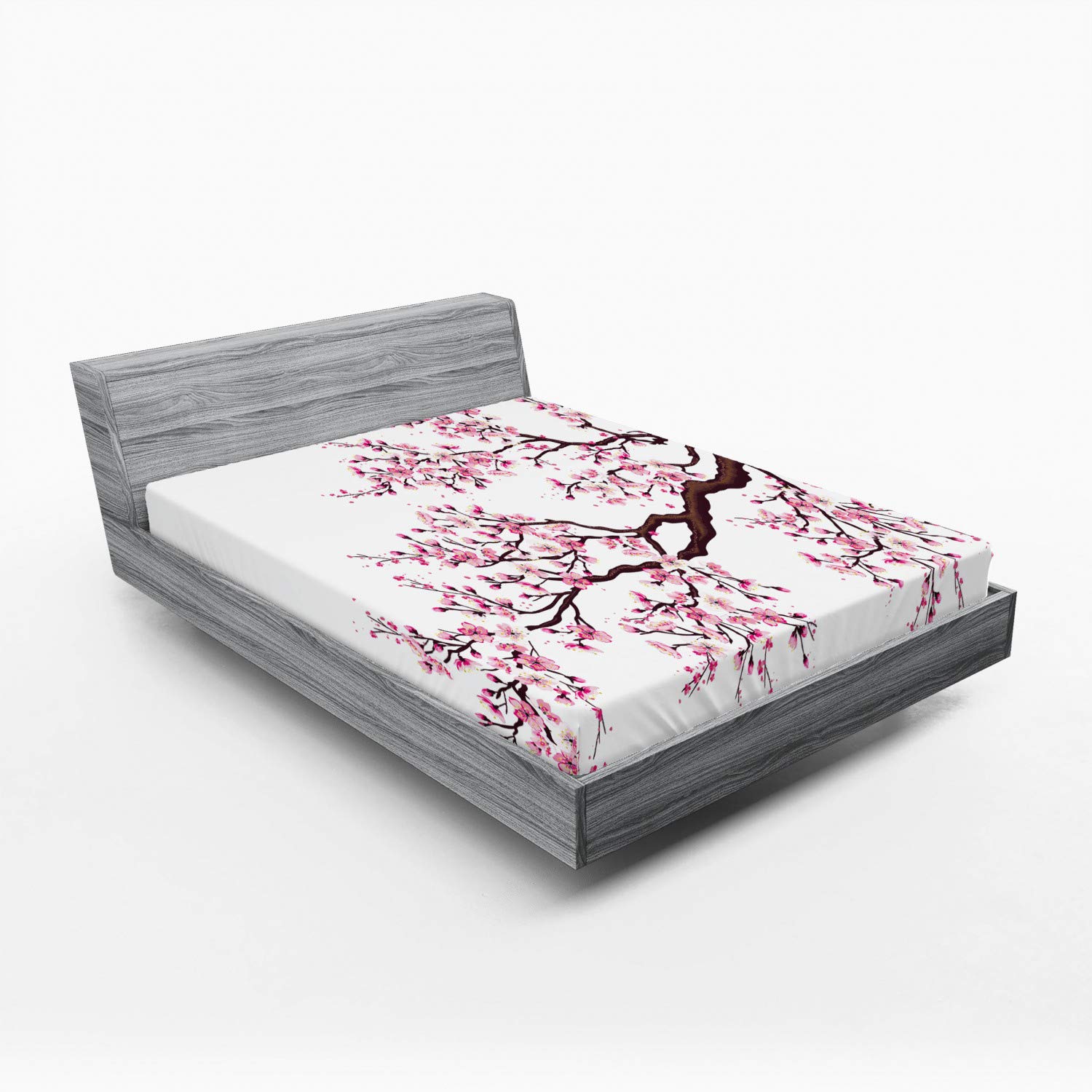 Ambesonne Japanese 2 Pack Fitted Sheet, Sakura Branch Blossoms, Bed Cover All-Round Elastic Deep Pockets 2 Pieces, Package Contains 2 Queen Size Fitted Sheets, Pink Brown
