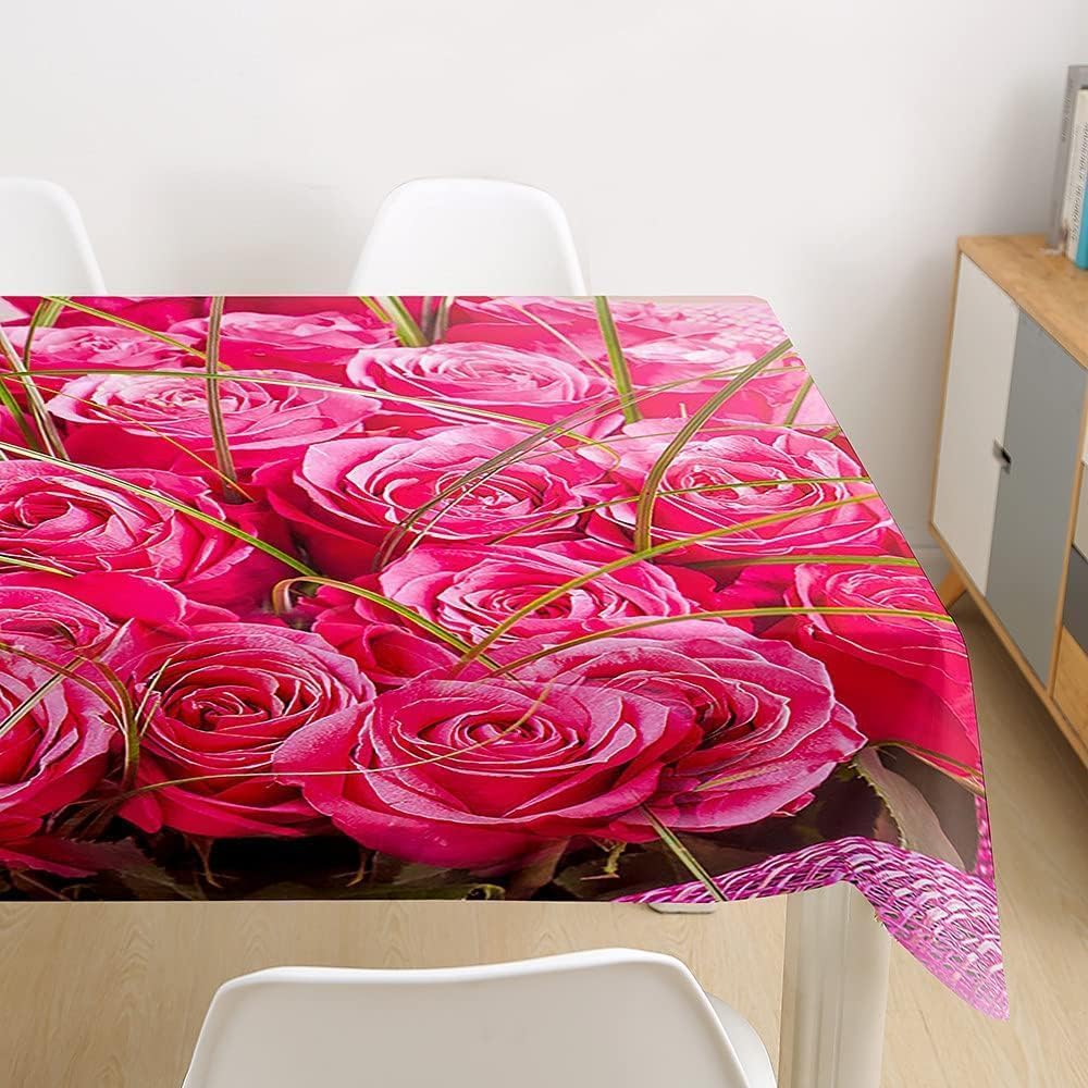 Prostokątny obrus 140 x 300 cm różowe kwiaty, tkanina poliestrowa odporna na plamy i zmywalna, ochraniacz na stół dla 8-10 osób, do użytku w kuchni salonie wewnątrz i na zewnątrz 6785v