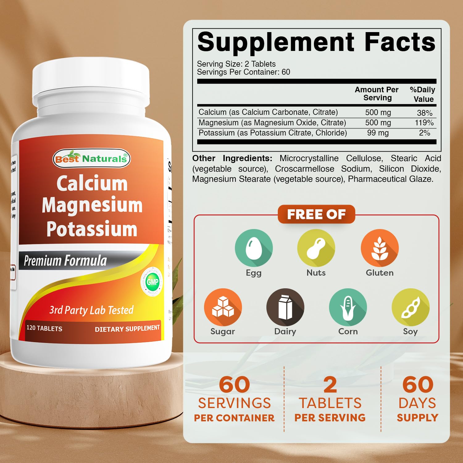 Best Naturals Calcium Magnesium Potassium - 120 Tablets - Non-GMO & Gluten Free — Amazon image 2
