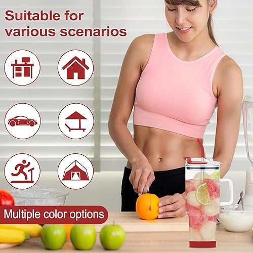 Miniatura 4 de Vaso de vidrio con tapa y popotes, taza de vidrio de 40 onzas con asa, vasos para beber con posavasos de silicona, taza de agua de vidrio, taza de