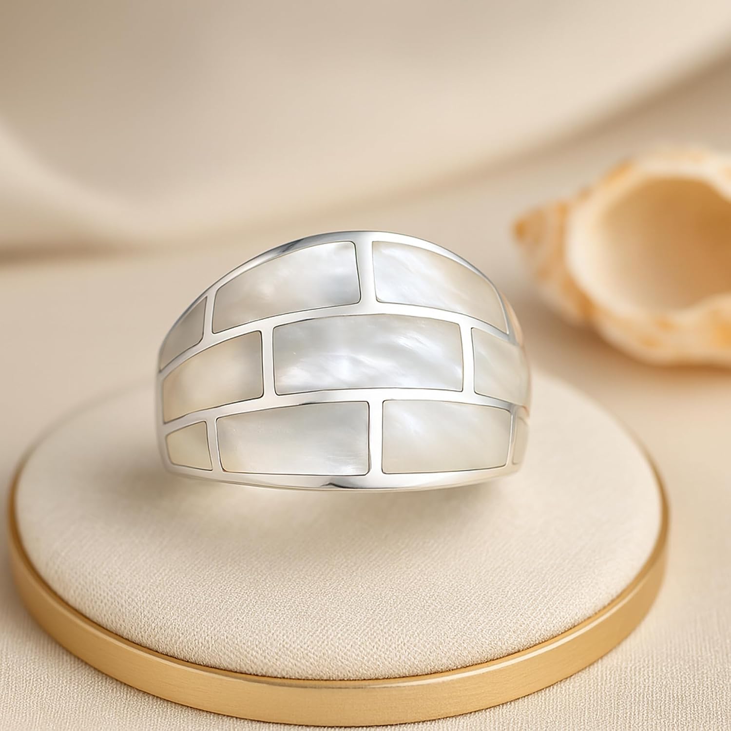 AeraVida Modern Brick Blocks of Mother of Pearl Inlay .925 Sterling Silver Ring