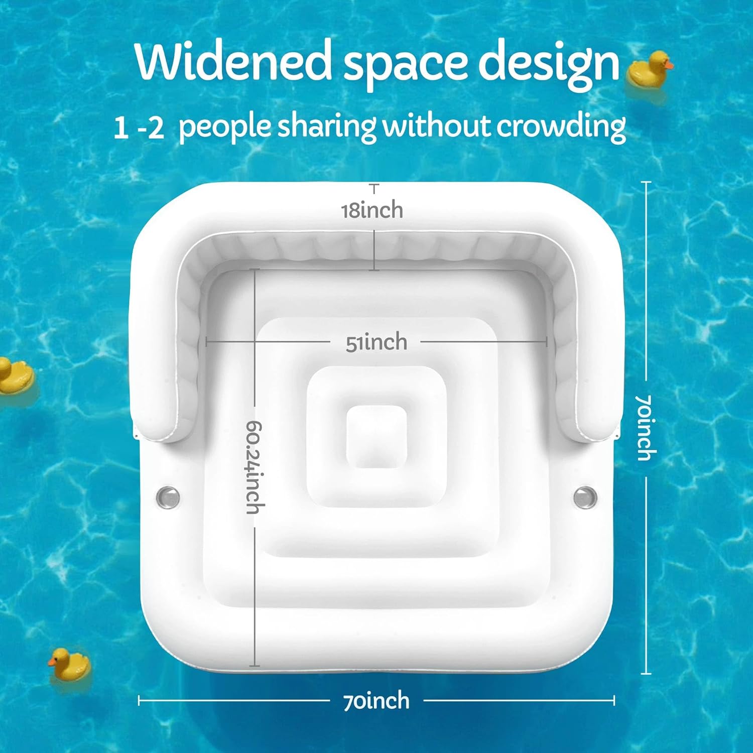 Pool Float 70'' x 70‘’ Inflatable Tanning Pool Sofa with Adjustable Canopy, Quick Inflation, 7‘’ Elevated Armrests, 2 Cup Holder, Easy Set Up for Adults