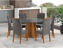 Mesa de Jantar Redonda Vitara com 6 Cadeiras Madeira Maciça Vegas Mel/Grafite