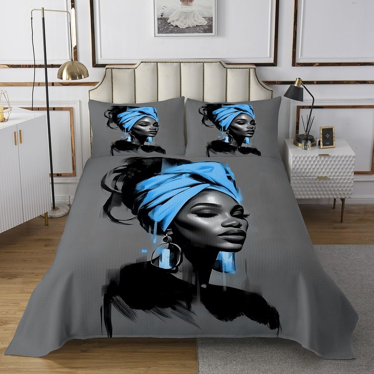 jejeloiu Black Women Bedspread King Size African American Woman Coverlet Set Teens Teal Abstract Quilted Coverlet Breathable Soft Lightweight Modern Room Decor