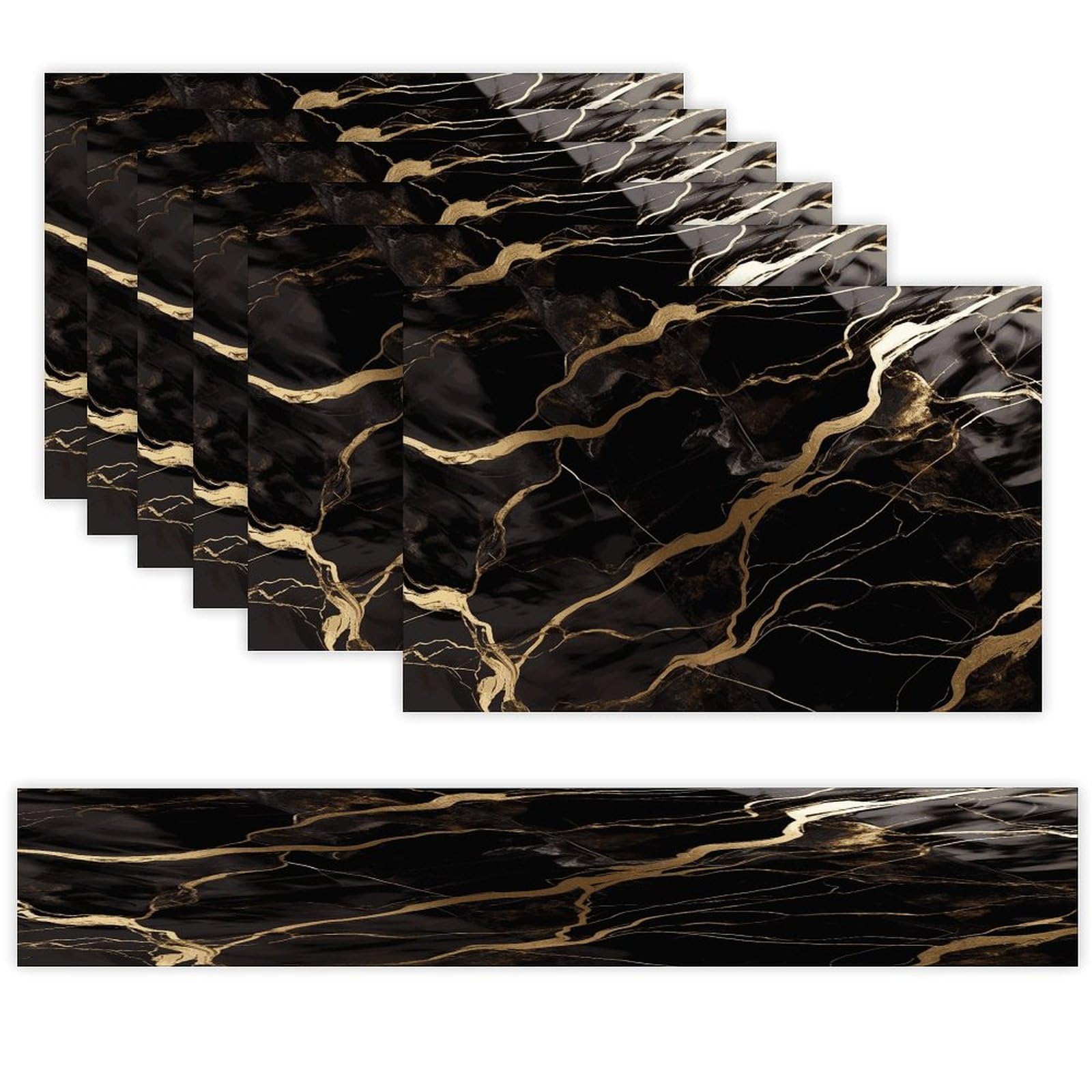 Black Gold Marble Table Runner and Placemats Set of 6 for Kitchen Washable Table Mats Heat Resistant Place Mats Non-Slip Place Mat Wipeable Placemat(6 Placemats+1 Table Runner)