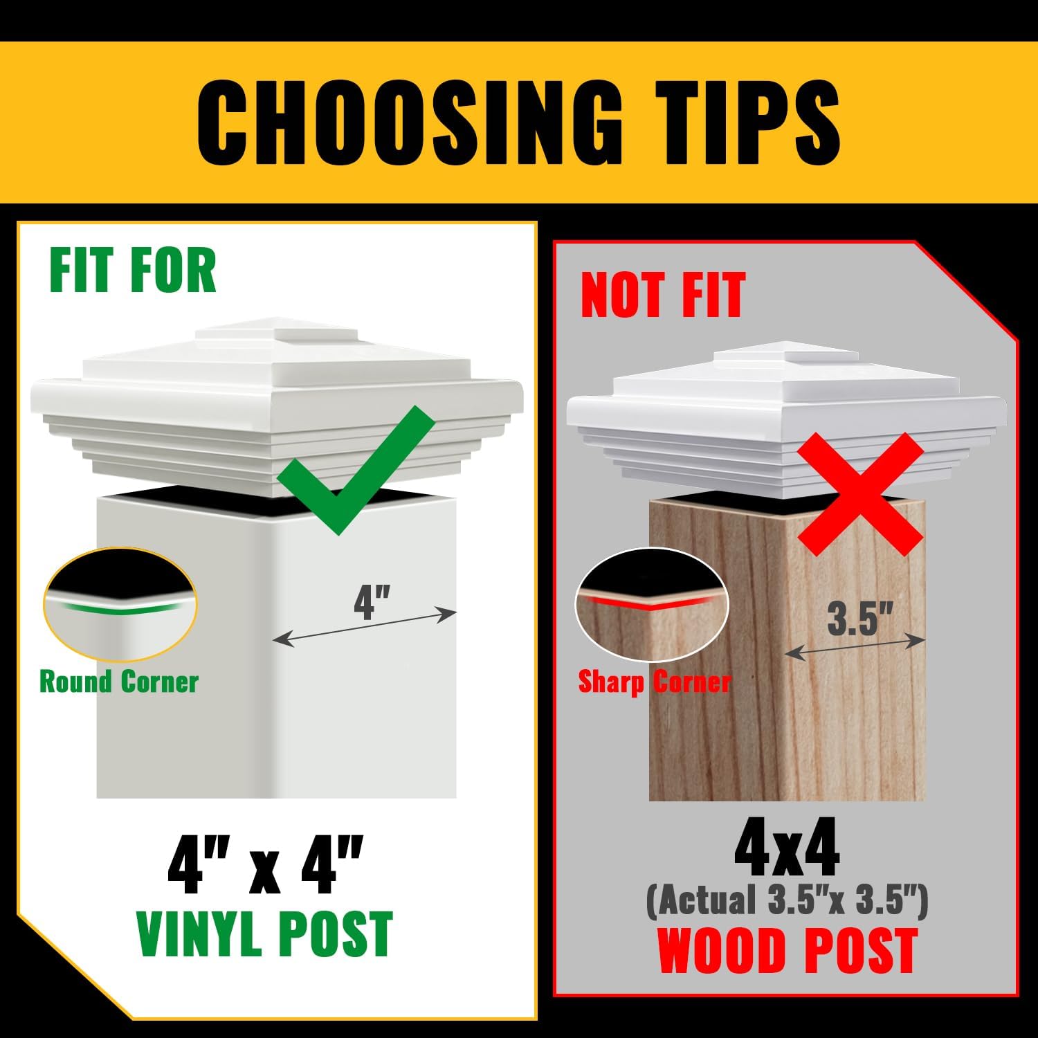 VIVIDA 4" x 4" Vinyl Fence Post Cap (Actual 4" x 4"), New England Pyramid Post Cap, PVC Square Top Cover, for Vinyl Fences, Mailboxes & Decks, White, 2 Pack