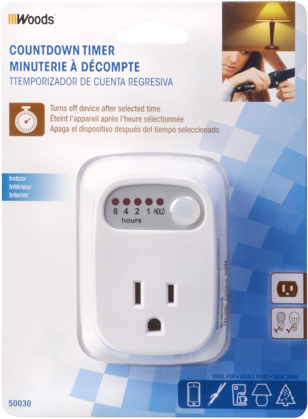 Woods Countdown Timer With 8-Hour Countdown With 1 Grounded Outlet (White, For Indoors Use)