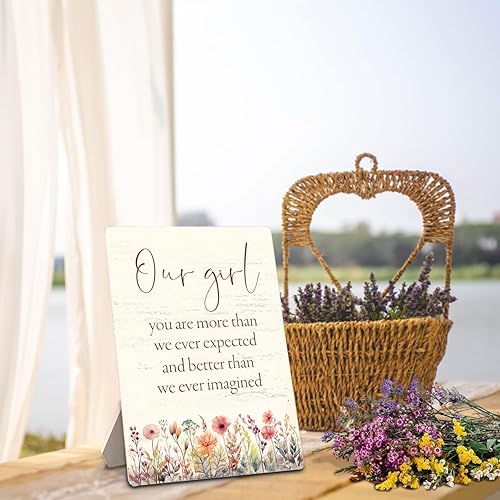 Miniatura 6 de Decoración de guardería para bebé, con texto en inglés "Our Girl You are More Than We Ever Expected", letrero de madera de 5 x 7 pulgadas, letreros