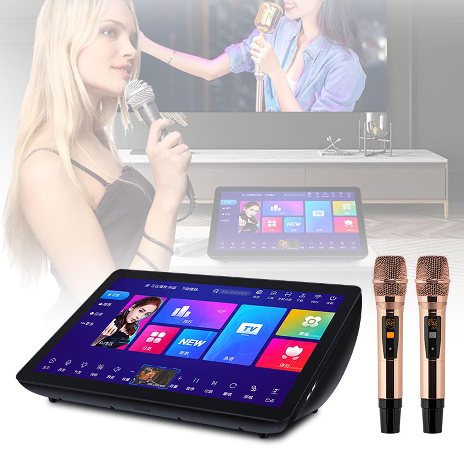 Macchina Per Karaoke Professionale Da 19.5 Pollici, Sistema Karaoke Touch Screen 4K, Con 2 Microfoni Wireless Con Riverbero, Controllo App Telefono, Disco Rigido 4T Integrato, Supporto 20 Lingue