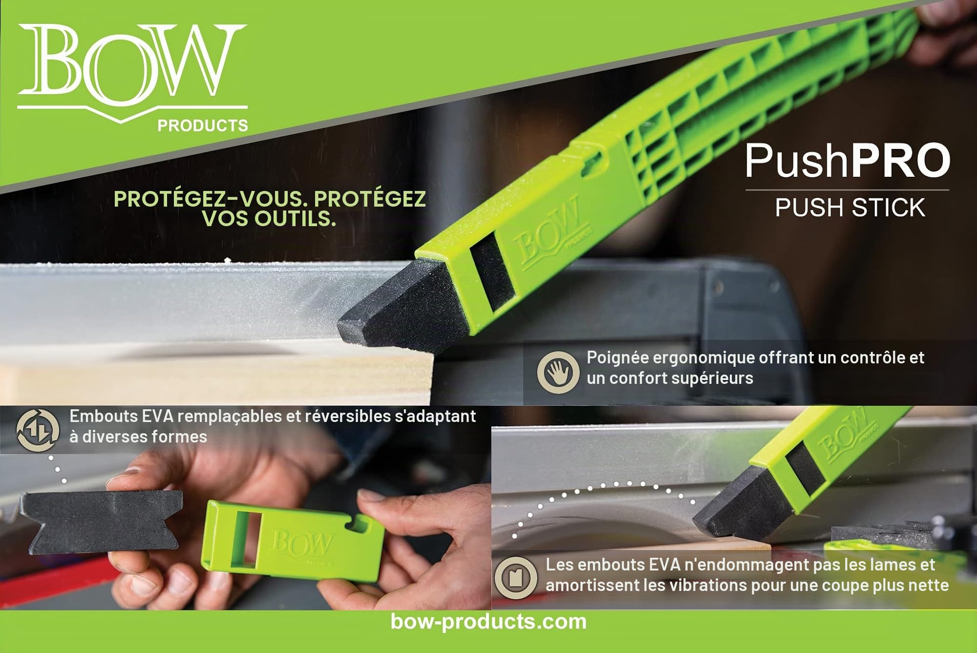 BOW Products PushPRO PP1 - Poussoir Scie sur Table - Bloc Poussoir avec Embout EVA qui Réduit les Vibrations et Améliore l’Adhérence - Outils et Sécurité Bois