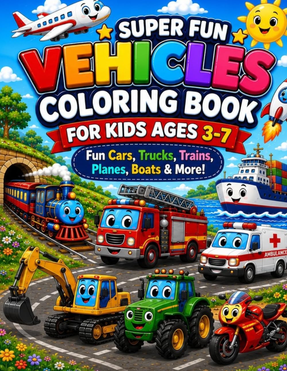 Super Fun Vehicles Coloring Book for Kids Ages 3–7: Fun Cars, Trucks, Trains, Airplanes, Boats, Construction Vehicles, and More! Easy and Exciting Coloring Pages for Boys and Girls Ages 3–7