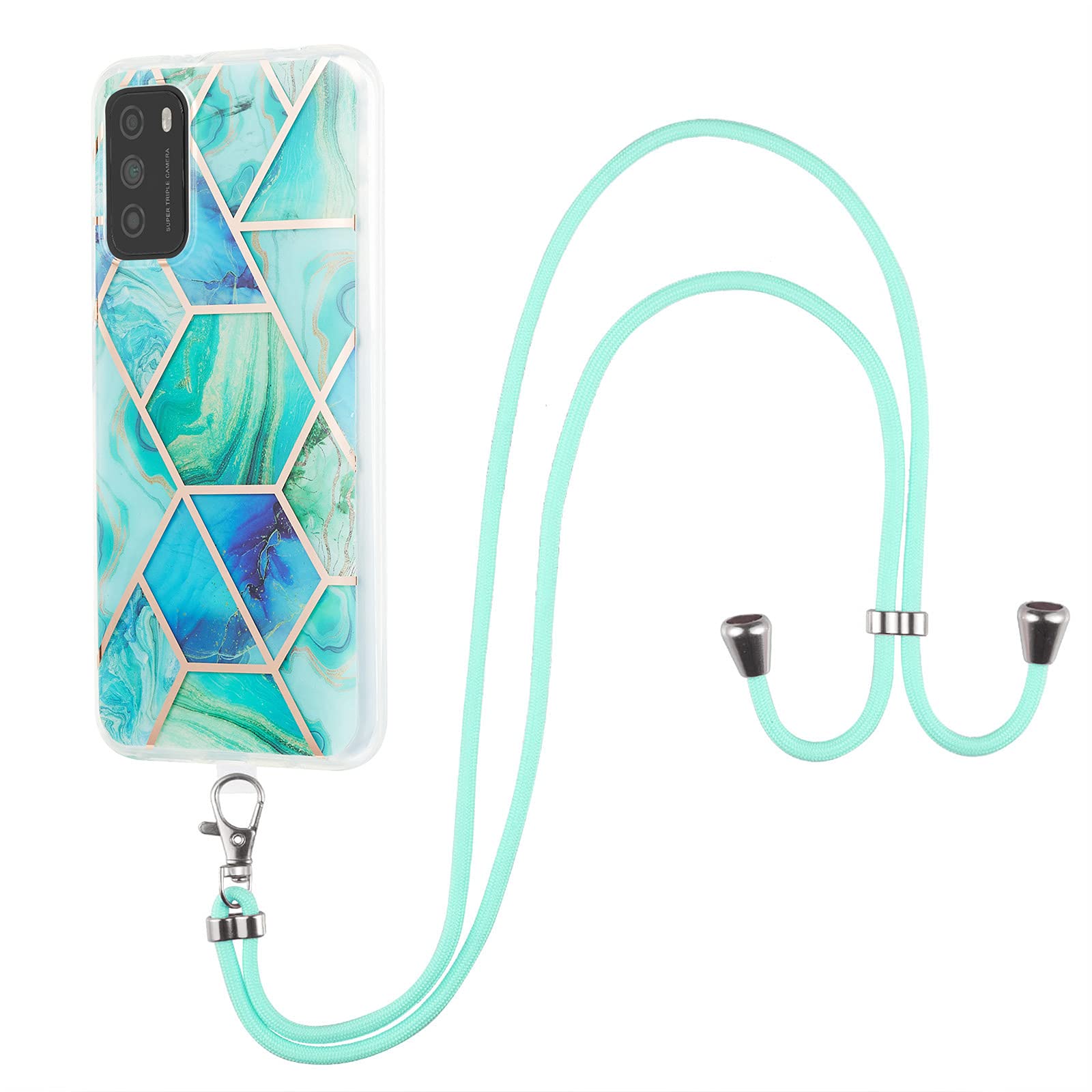 C-Super Mall Custodia per Xiaomi Redmi Note 9 4G/Redmi 9 Power/Redmi 9T, Splice Marmo Design IMD Mestiere Morbido Silicone TPU Antiurto Cover con Cinghia, Verde