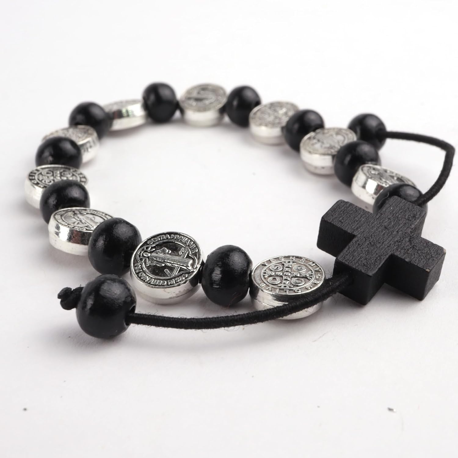 Black Cross Saint Benedict Rosary Bracelet, Adjustable and Stretchy, Inspirational Faith Accessory, 7 Inches (Pack of 2)