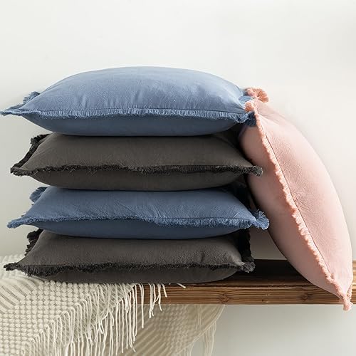 Miniatura 6 de ZWJD Juego de 2 fundas de almohada de granja de 20 x 20 pulgadas, color rosa polvo, con flecos, fundas decorativas de algodón, fundas de cojín