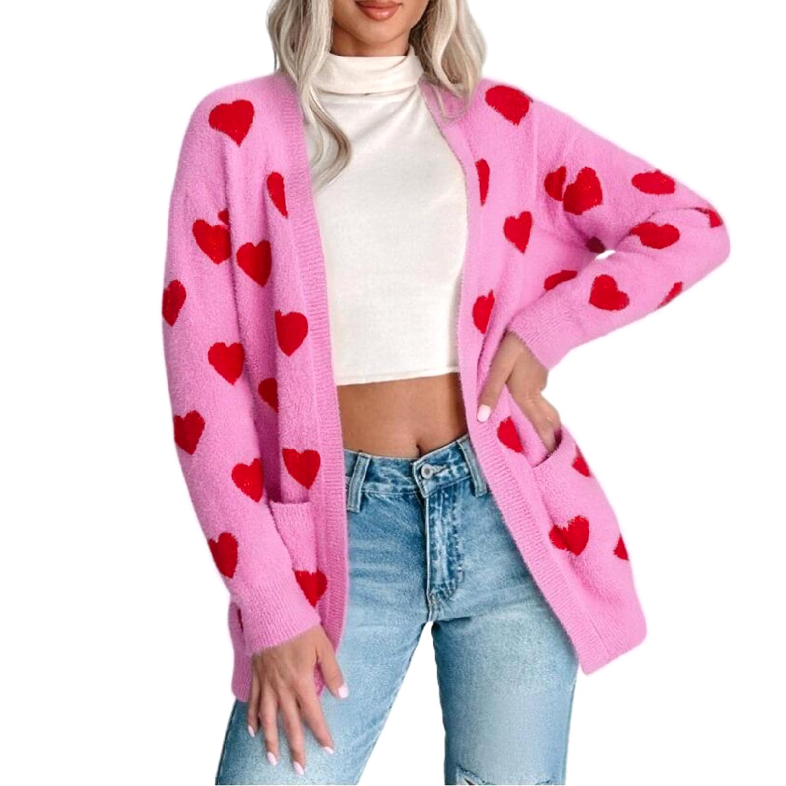 Womens Heart Knit Cardigan Valentines Long Sleeve Open Front Knitted Sweater Fall Spring Coat Tops Outwear
