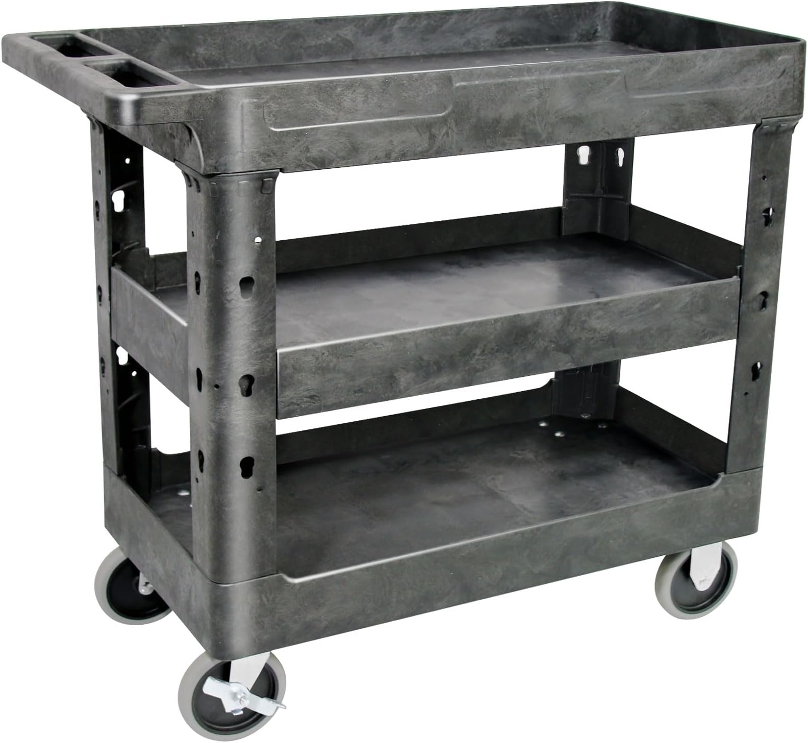 AQNIEGEP 3 Shelf Utility Cart Heavy Duty Rolling Cart with Brake Wheels Storage Service Cart w/Deep Shelves for Warehouse Workshop Cleaning Office Restaurant Commercial Moving 600lbs Capacity Black