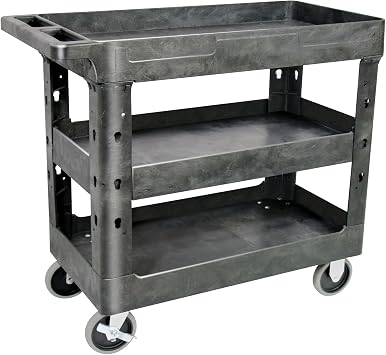 AQNIEGEP 3 Shelf Utility Cart Heavy Duty Rolling Cart with Brake Wheels Storage Service Cart w/Deep Shelves for Warehouse Workshop Cleaning Office Restaurant Commercial Moving 600lbs Capacity Black