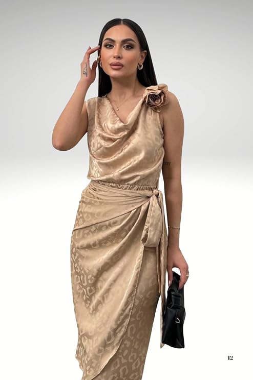 Belt Tied Degaje Collar Stylish Shiny Night Evening Dress & Dress with Satin Rose Accessories STP-002