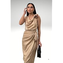 Belt Tied Degaje Collar Stylish Shiny Night Evening Dress & Dress with Satin Rose Accessories STP-002