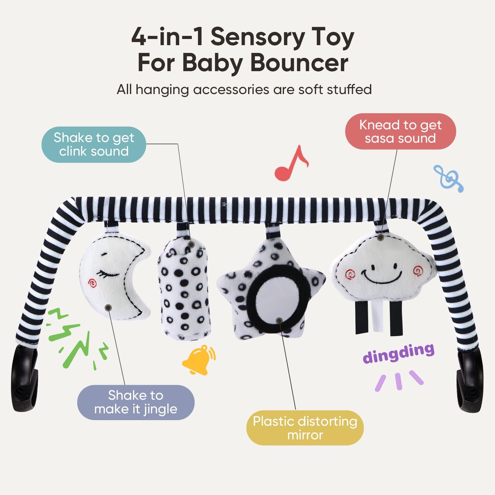 TinlyFinly Baby Bouncer Toy Bar Soft with 4 Hanging Sensory Toys Attachment, Compatible with Baby Bjorn Bouncer, with Mirror, Rattle, Crinkle Sound for Babies All Ages (Black and White Shapes) - 4