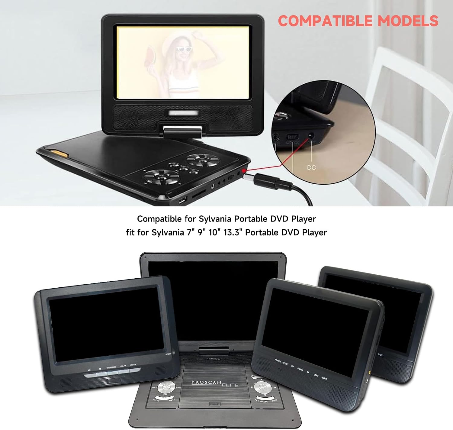 Sylvania 12V AC/DC Portable DVD Player Charger - Power Adapter for 7" to 13.3" Portable DVD Players (6.5Ft)