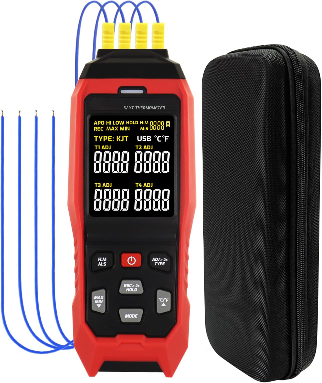 Thermocouple Thermometer Temperature Data Logger 4-Channel K/J/T Type Thermometer with 5000 Groups Data Logging and USB Export, -328~2501℉ Range HVAC Thermocouple Meter with Alarm & ADJ Compensation