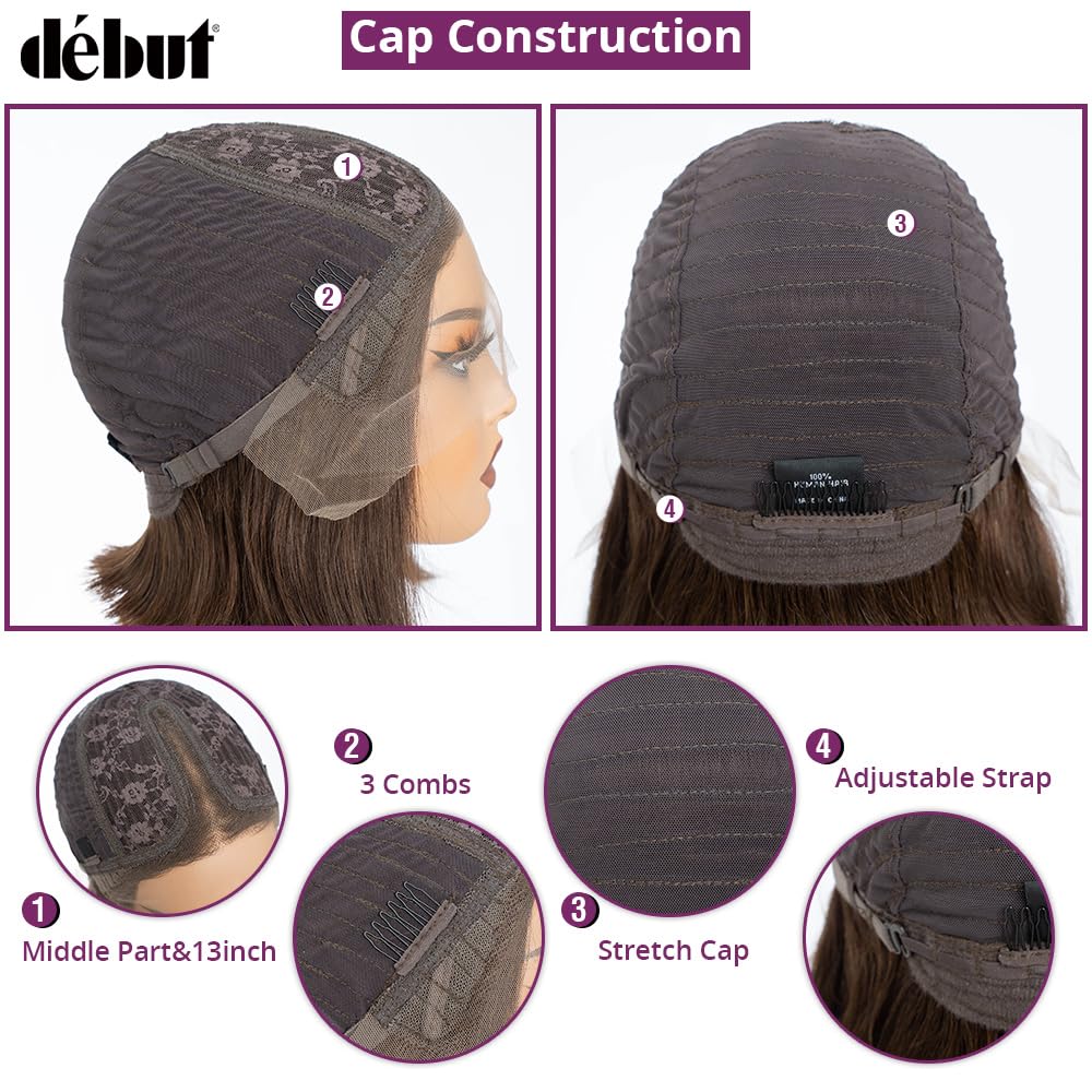 DÉBUT Medium Brown T Part Short Bob Wigs Lace Front Human Hair Wigs for Black Women Brazilian Virgin Straight Hair Middle Part 13x4x1 Wigs Chocolate Brown 10 Inches