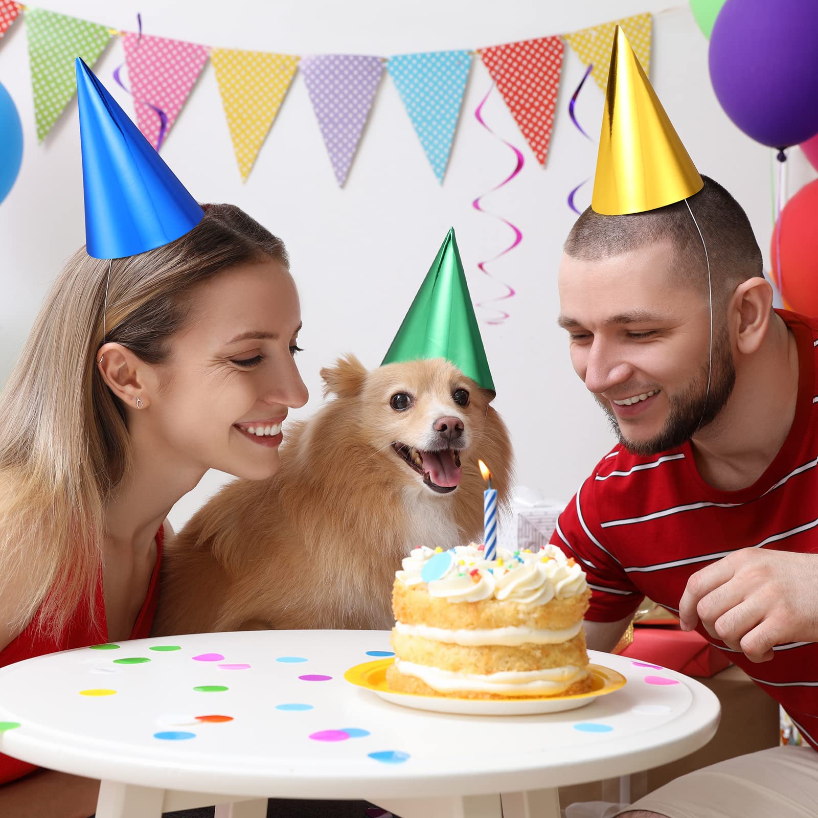 200 Pcs Birthday Party Hats Metallic Cone Bulk Multicolor Paper Hat with Elastic String for Youth Adults Pets, Gold, Silver, Red, Blue and Green