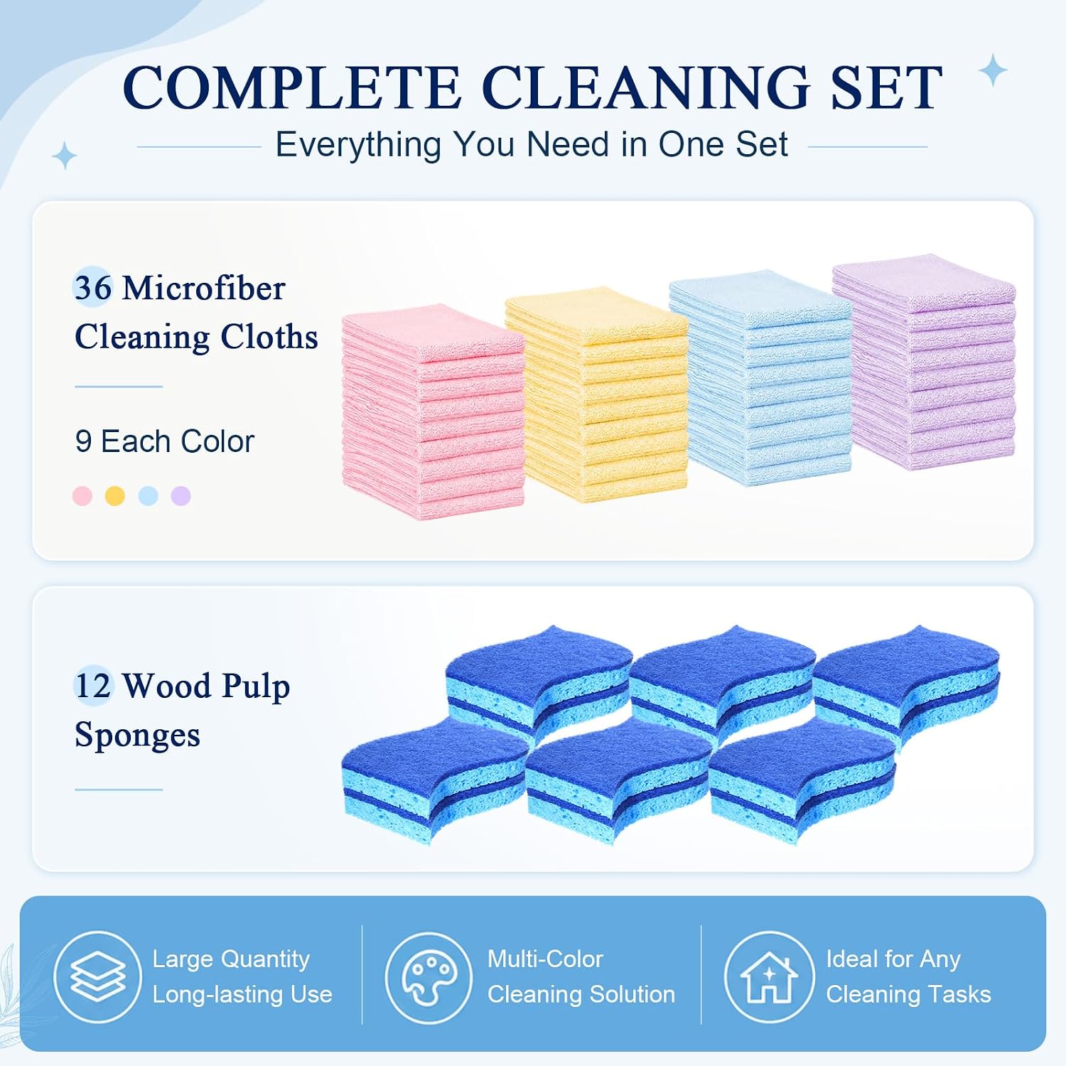 48 Pcs Microfiber Cleaning Cloth Kit with Non-Scratch Dish Sponge