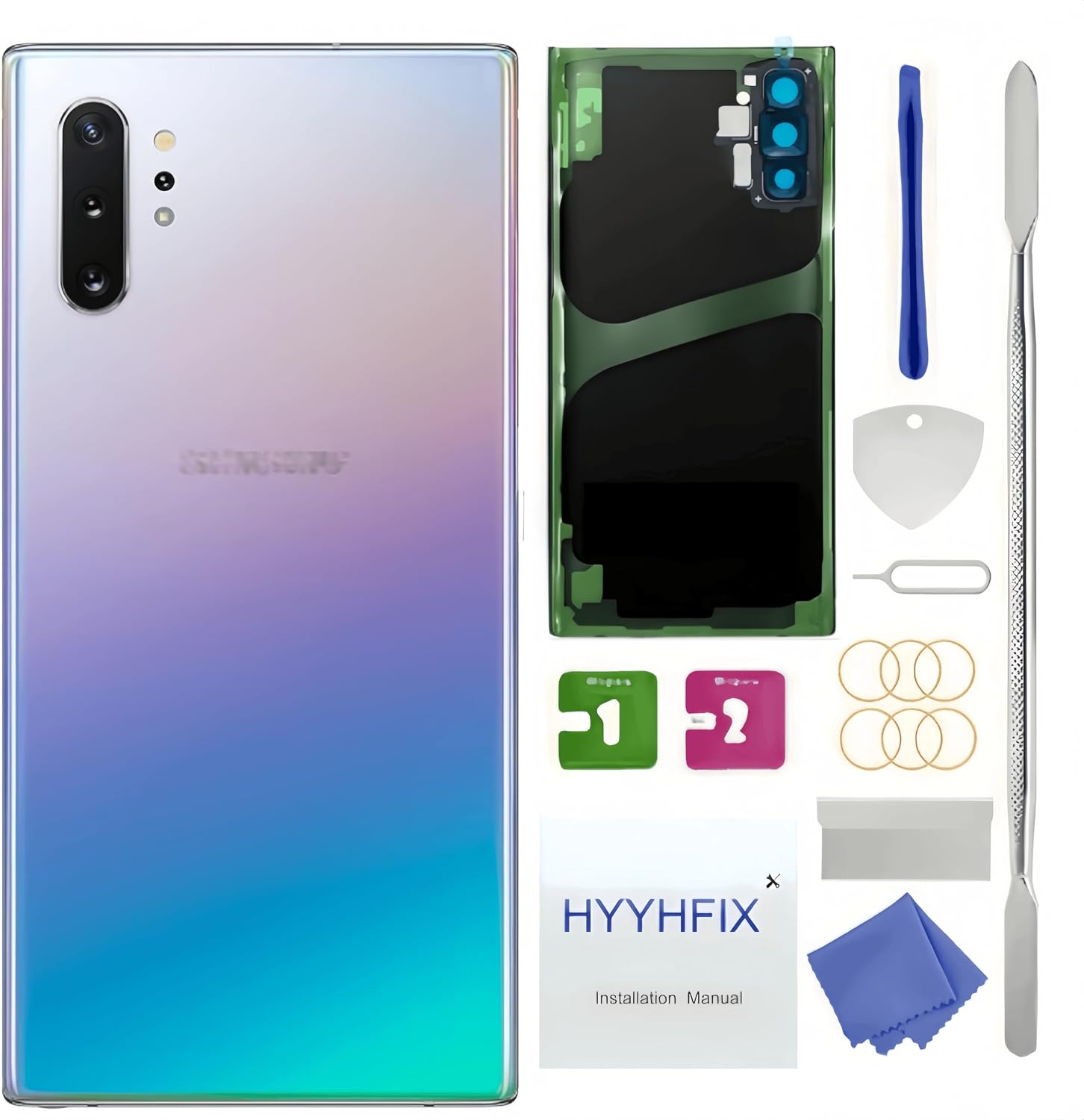 Galaxy Note 10 Plus Back Glass Replacement for Samsung Galaxy Note 10 Plus Rear Back Cover Glass Waterproof and Camera Lens+Professional Repair Tool Kit SM-N975U(Aura Black)