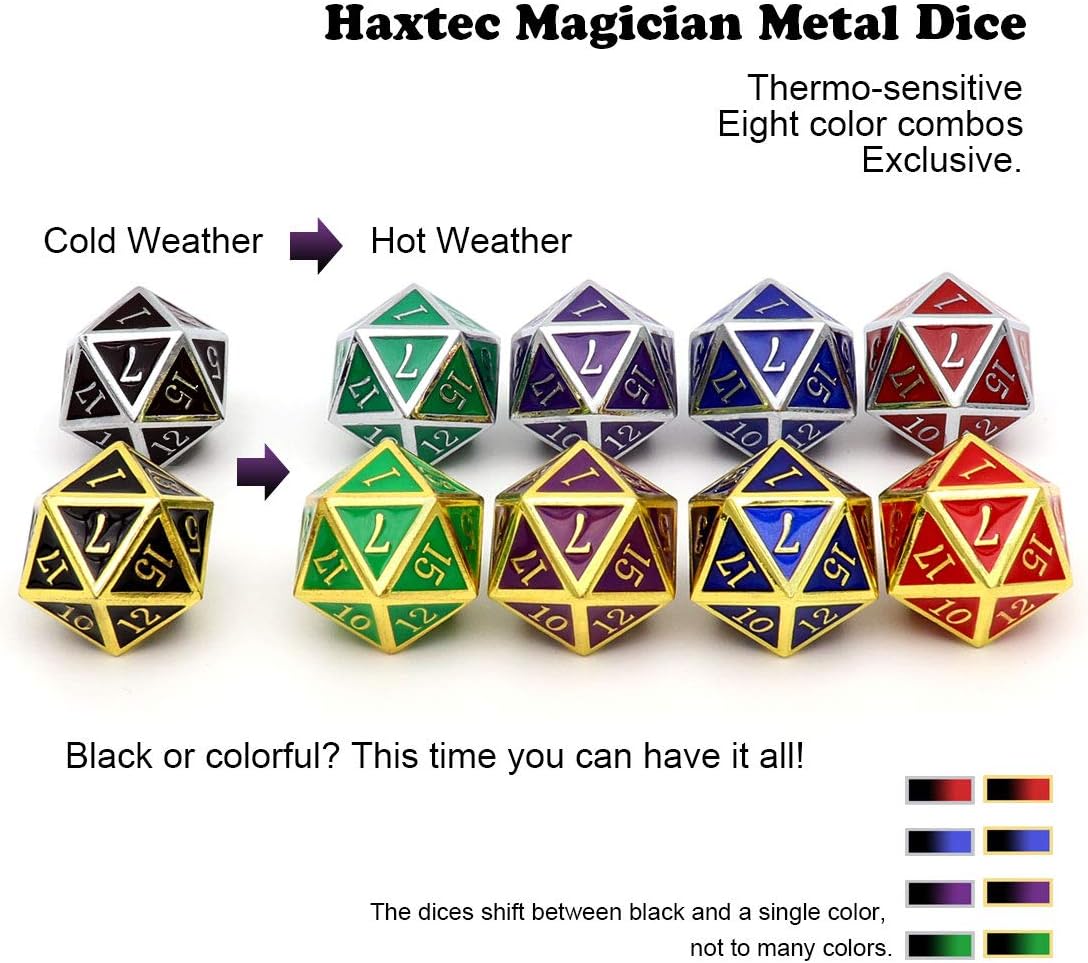 Haxtec Color Changing Metal DND Dice Set Silver Black Green Color Shifting D&D Dice with Leather Dice Bag Compatible with Dungeons and Dragons TTRPG DND Gift