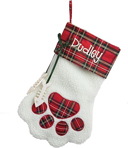 Vista 6 de Personalized Planet Calcetín de Navidad con nombre de mascota bordado personalizado, sherpa sintético blanco con puño a cuadros rojos y detalles