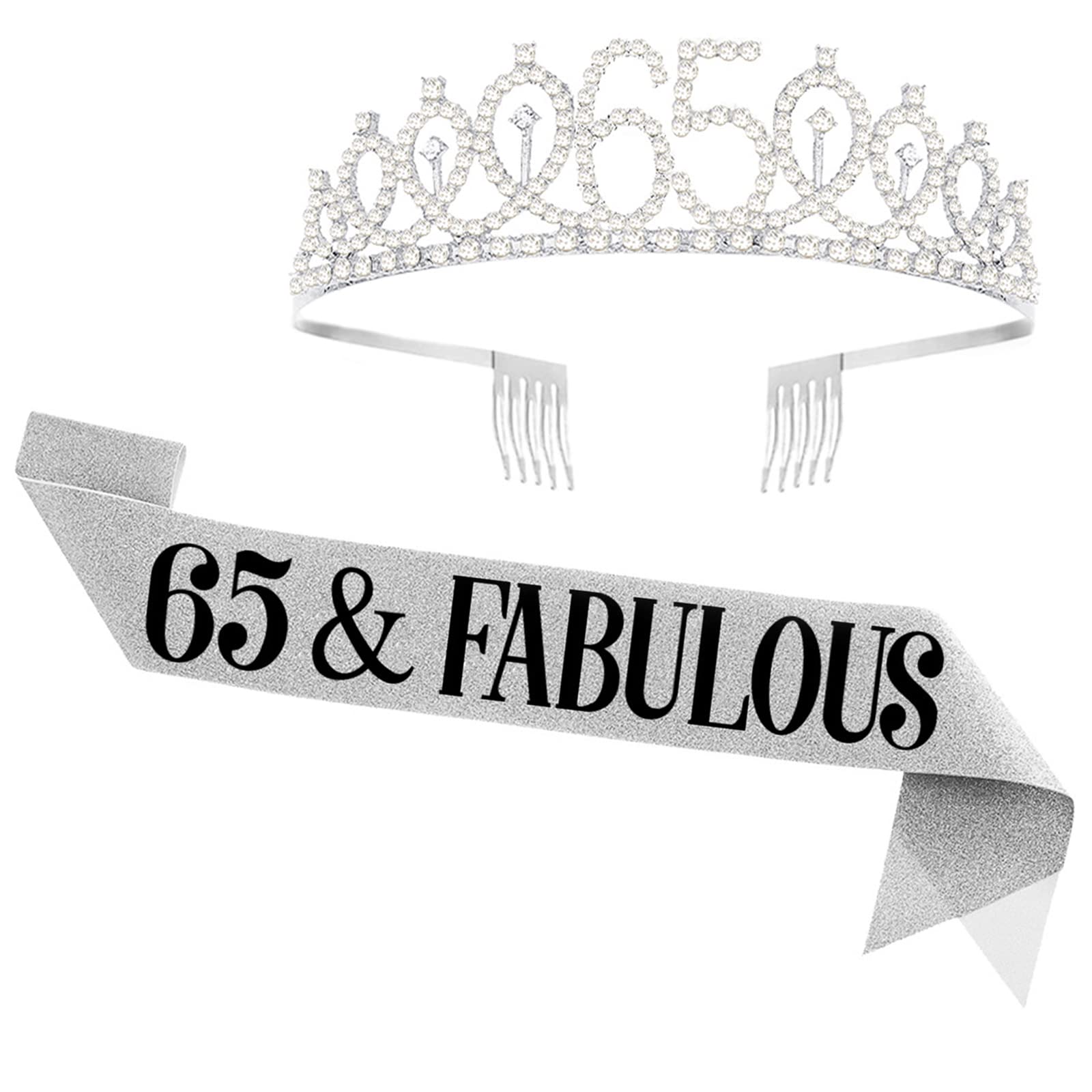 UVATAHONA 65th Birthday Sash and Tiara for Women, 65 & Fabulous Sash and Crown, 65th Birthday Decorations Gifts for Woman Queen Party Favors Supplies,