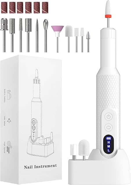 Electric Nail Files, Nail Drill Portable E File Kit with Rechargeable Base, 12 Drill Bits, Adjustable Speed Electric Manicure and Pedicure Set for Acrylic Nails, Gel Nails