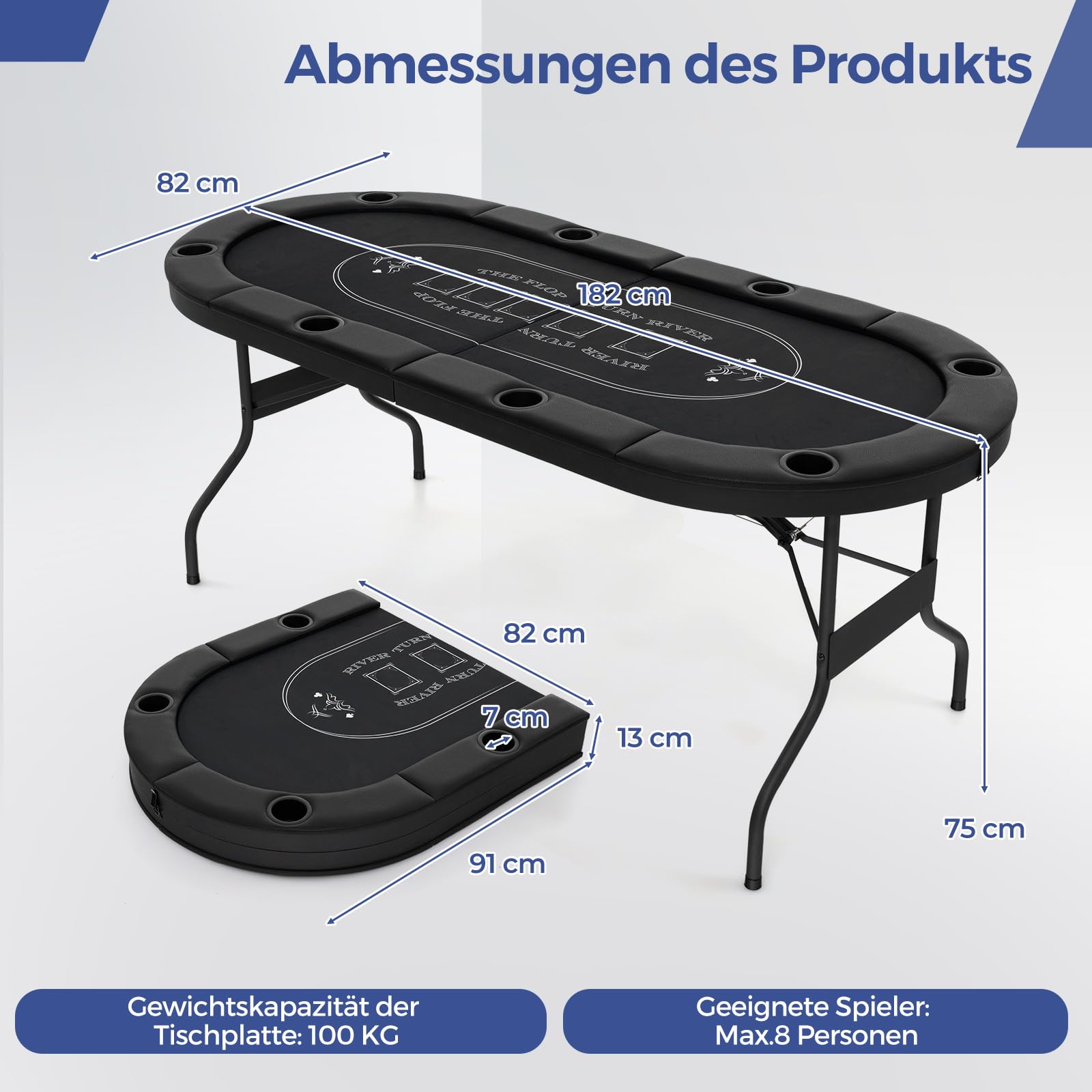 DREAMADE Faltbarer Pokertisch für 8 Spieler, Poker Table mit Getränkehalter, Metall-Rahmen 182 x 82 x 75 cm Schwarz