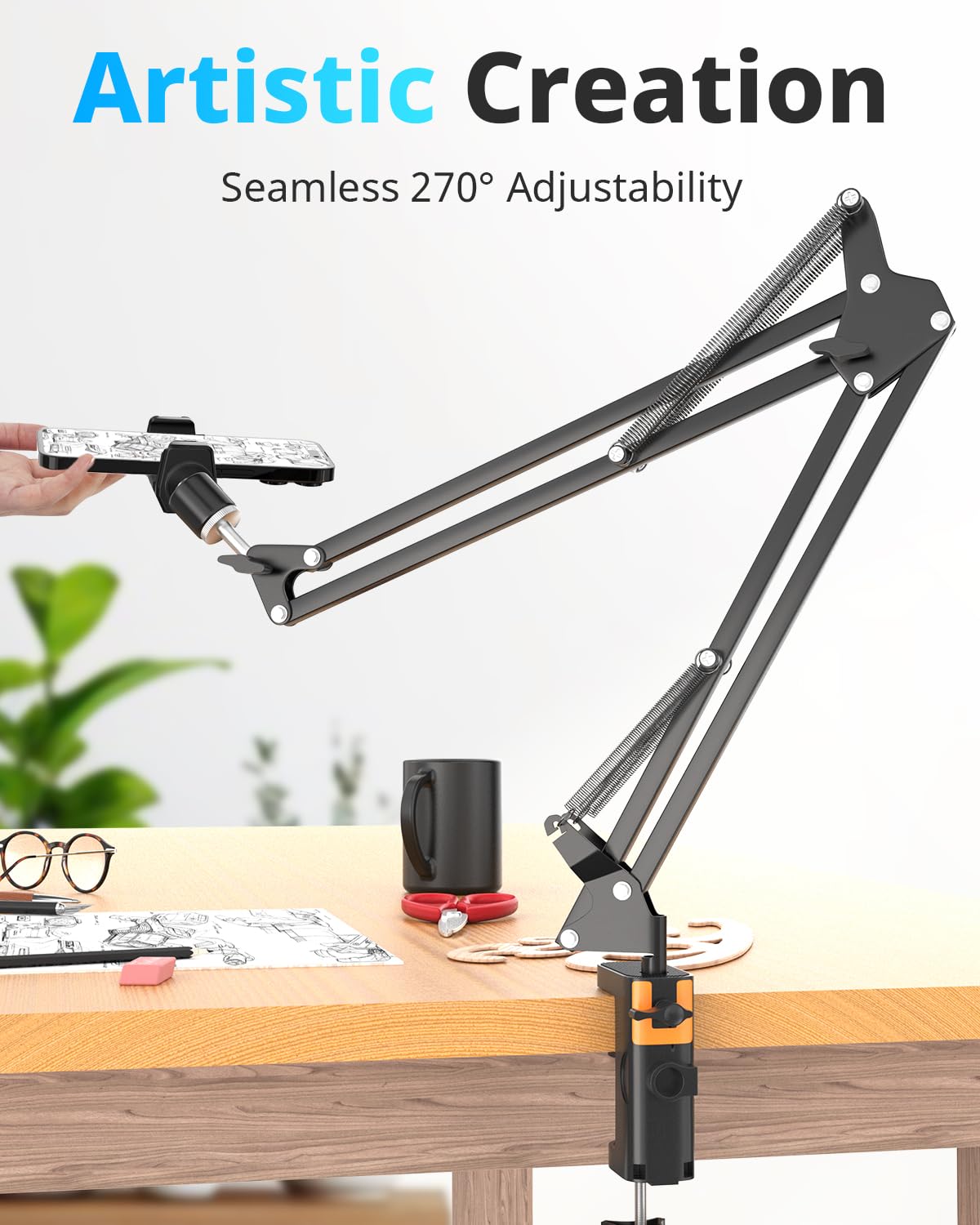UBeesize Überkopf-Telefonhalterung, Flexibler Webcam-Arm mit Handyhalterung und Kugelkopf-Stativ für Telefon, Zeichnen, Live-Streaming, Kochen, Flache Fotografie