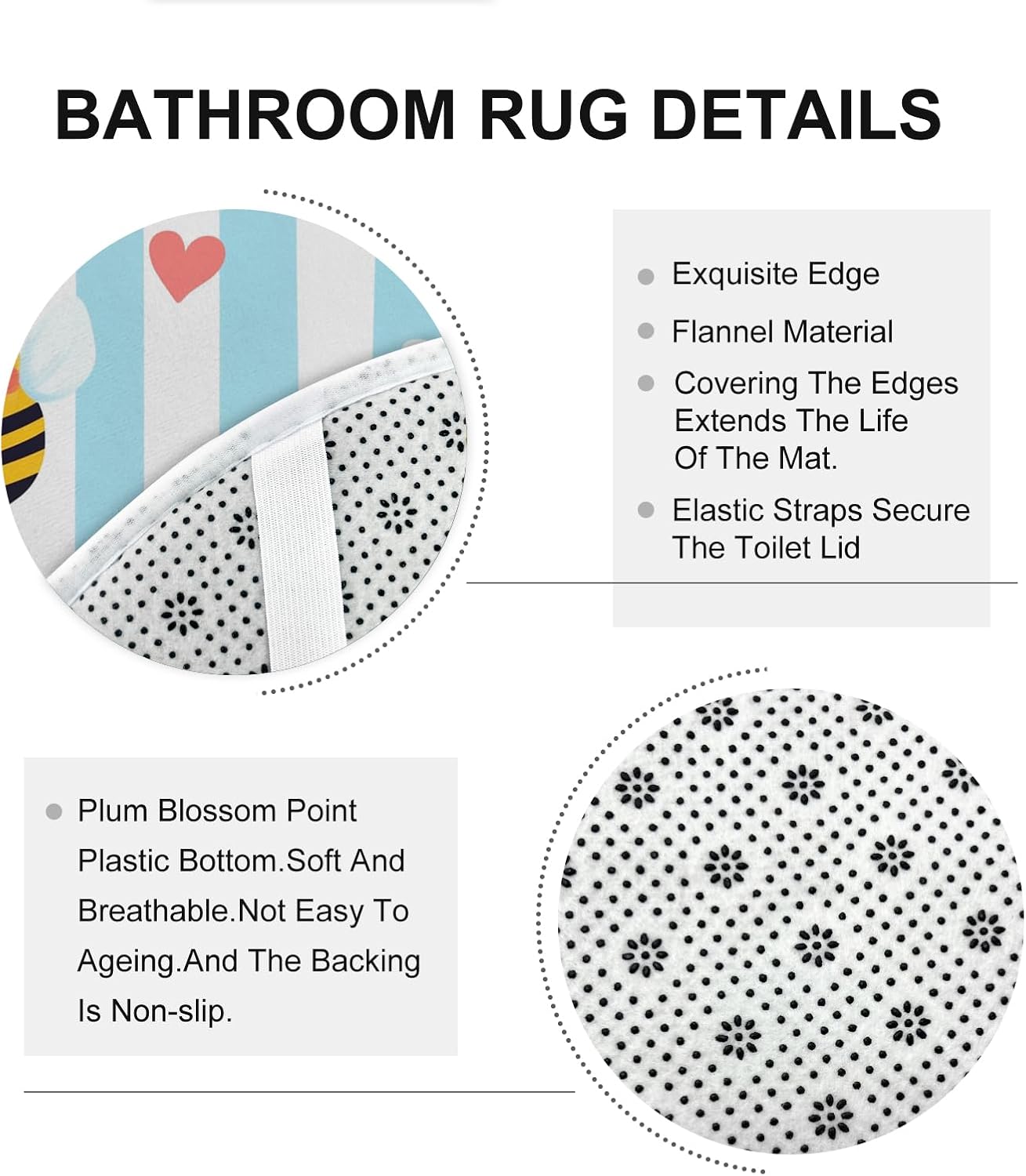 4PCS Fun Kids Bee Bathroom Accessory Sets with Non-Slip Rug, U Shape and Toilet Lid Cover Mat, Cute Cartoon Insect Bathroom Decorative-72''x72''
