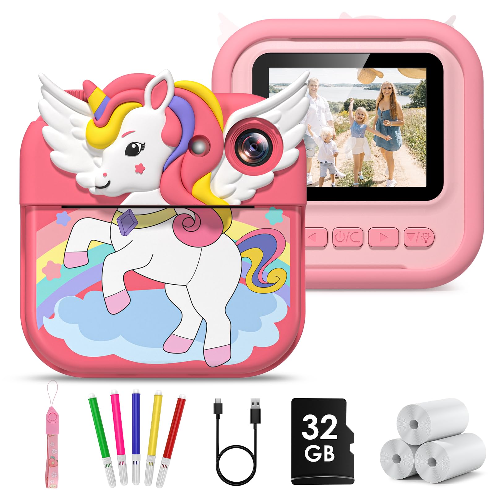 Gofunly Macchina Fotografica Bambini Istantanea, 2.4 Pollici Fotocamera Istantanea Bambini con 32GB Scheda, 12MP/1080P Fotocamera per Bambino, Regalo di Compleanno per Bambini dai 3-12 Anni