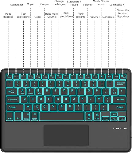 FOGARI Clavier Tablette Bluetooth 12" - AZERTY Français avec Rétroéclairage Pavé Tactile Clavier Léger Fin Keyboard pour iPad Samsung Galaxy Redmi/XiaomiPad HuaweiPad HonorPad,FireHD,Noir - 3