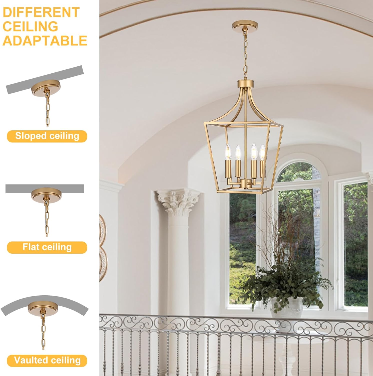 4-Light Gold Lantern Chandelier Adjustable Height, Kitchen Island Lighting Hanging Ceiling Pendant for Over Table Dining Room Foyer, E12 Bulb Base