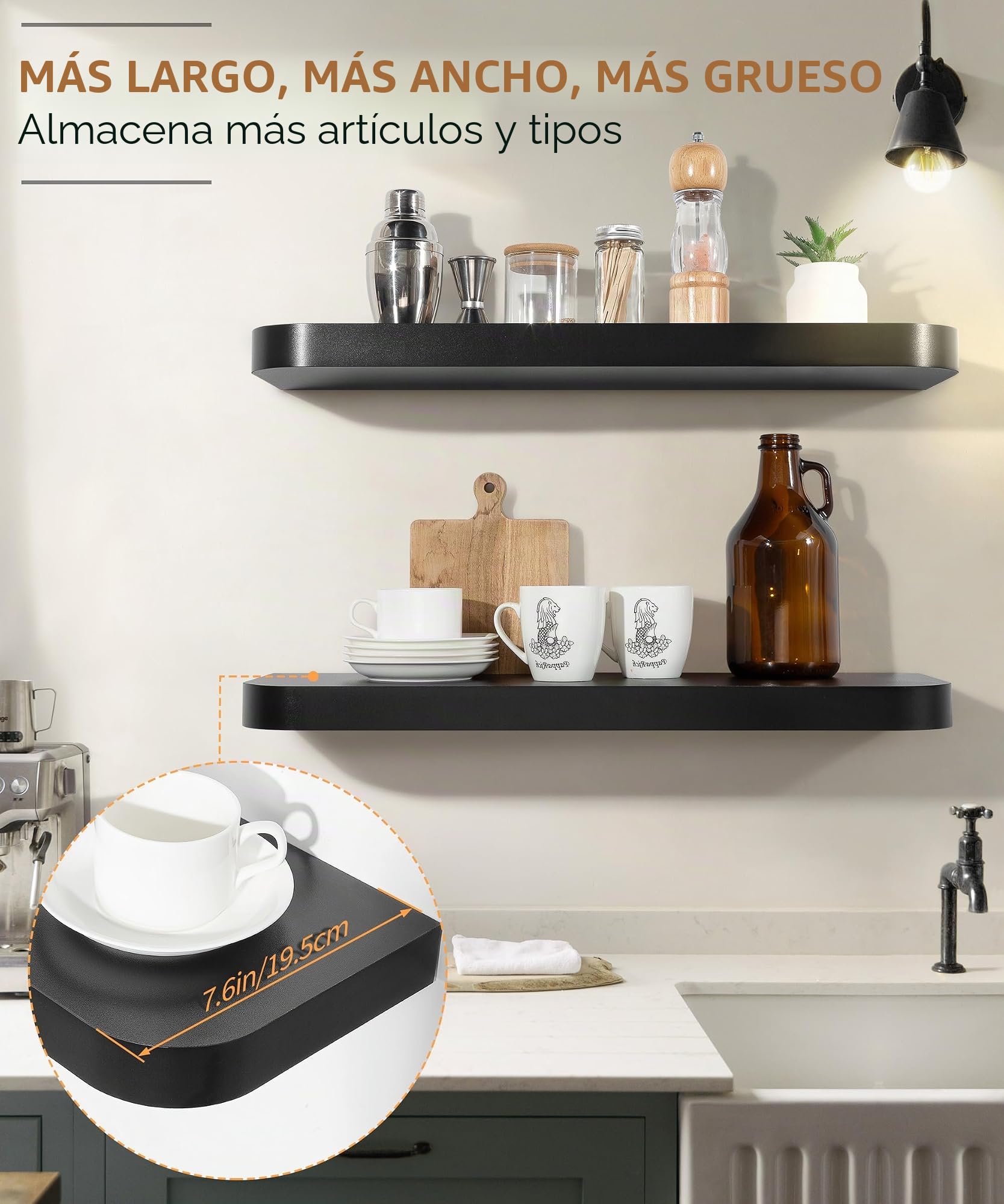 Gronda Estantería de Pared Larga Negra, Baldas de Madera con Borde Curvo | 60cm Baldas de Madera Juego de 2, Repisas de Pared, Almacenaje, Decoración, Balda Flotante para Fotos, para Salón