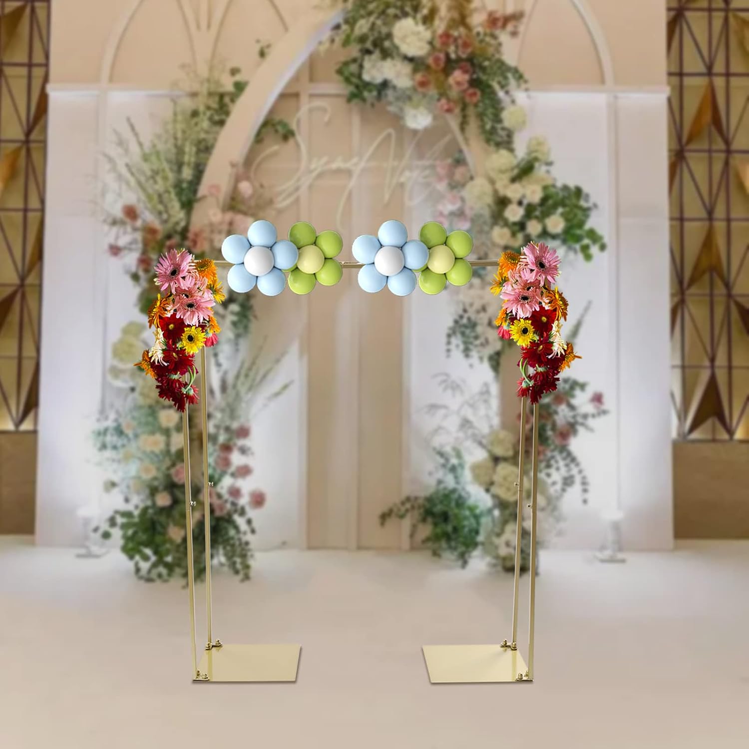 3.9ft Tall x 3.3ft Square Metal Wedding Garden Arch, Golden Wedding Arch Backdrop Stand Kit Floor Flower Stand Arch Square Wedding Stand for Wedding Party Decoration