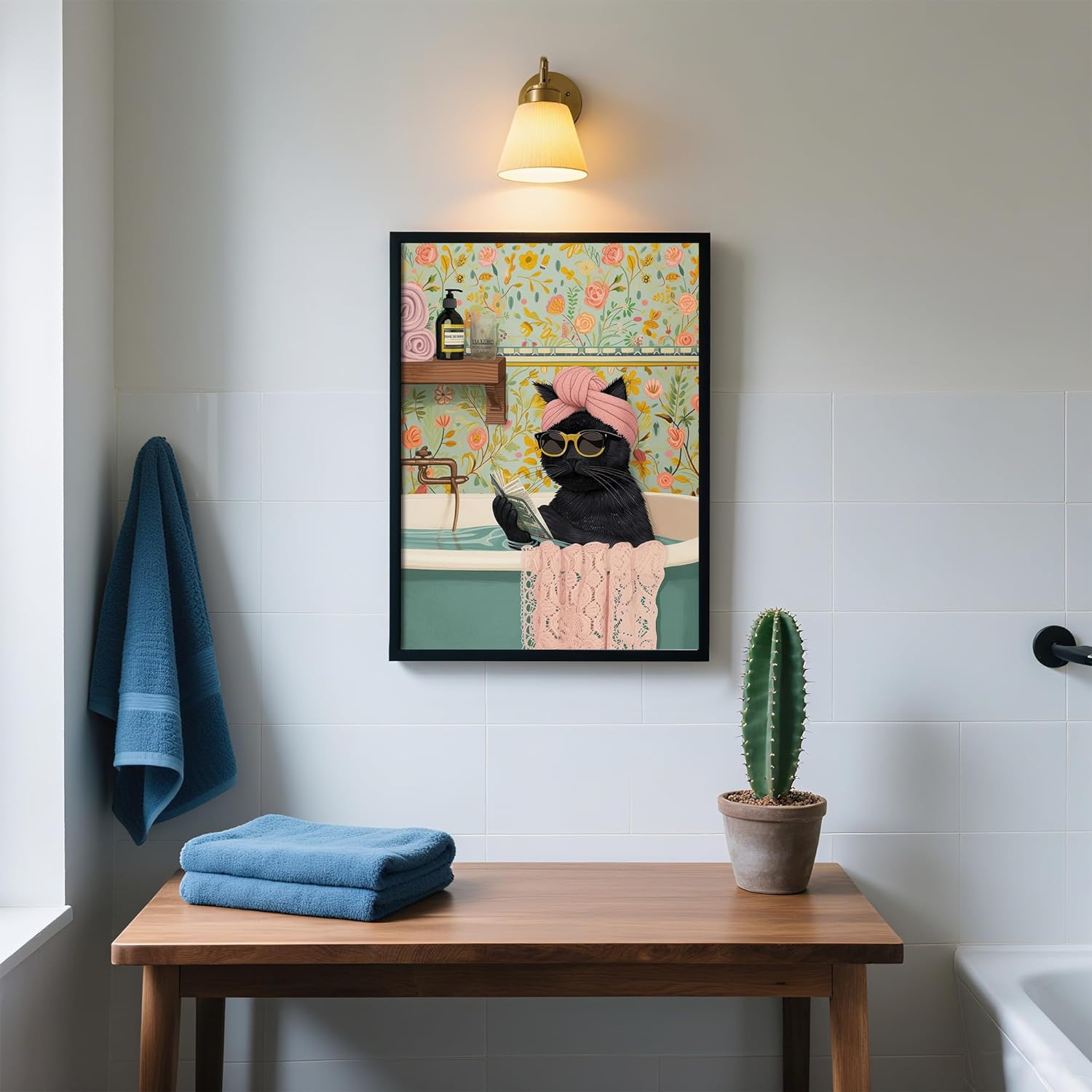 Framed Vintage Cat Canvas Wall Art, Funny Pink Animal Reading Books Painting Picture Print, Cute Kitten Lovers Aesthetic Wall Decor for Nursery Girls Room Bedroom Kids Room 16''L x 12''W