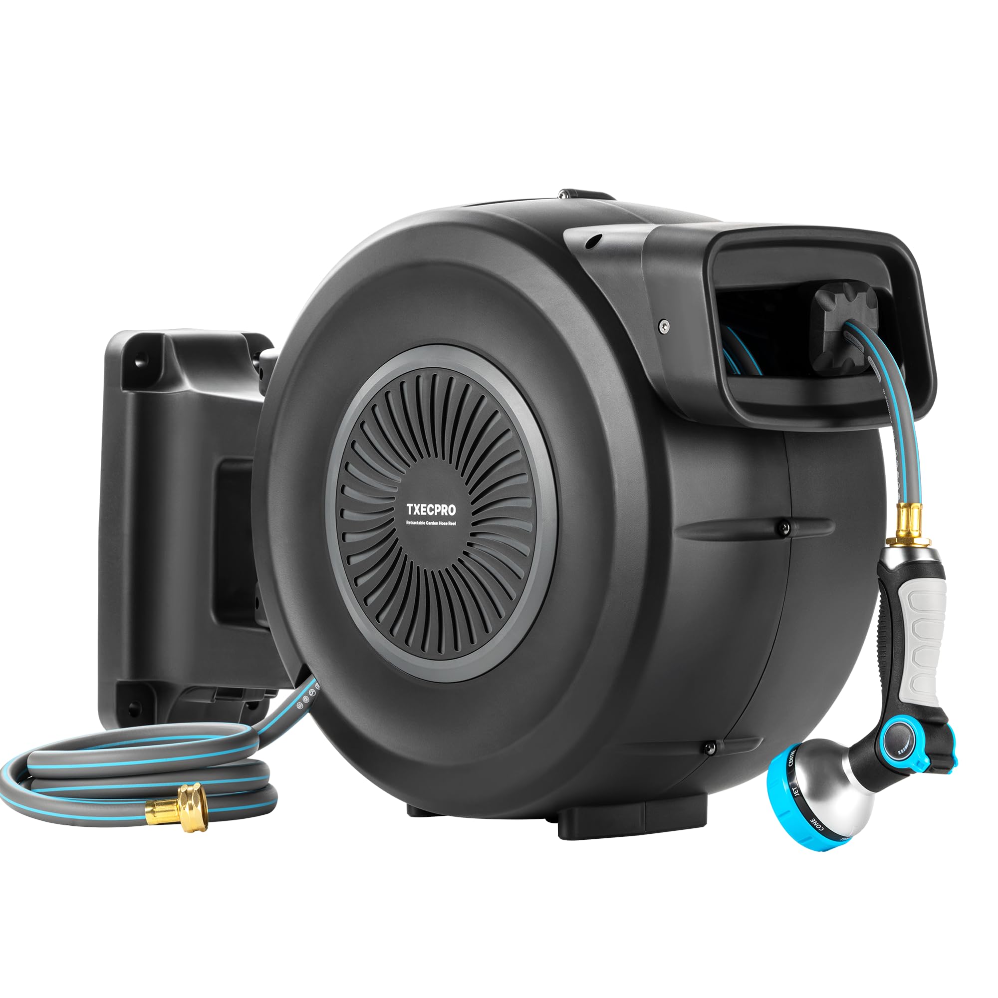 Photo 1 of Txecpro Retractable Garden Hose Reel 1/2 inch x 100ft - Wall Mounted Heavy Duty Hose Reel with 3/4 Inch Brass Fittings & 9-Pattern Nozzle - Auto Rewind System, Any Length Lock, 180° Swivel Bracket