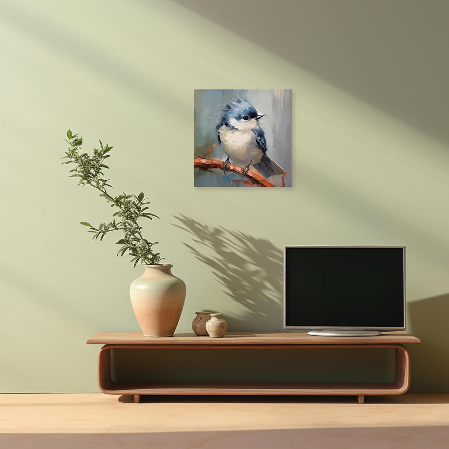 ARTZGX Birds Canvas Wall Art Blue White Bird Pictures Sparrow on Tree Branch Painting Animal Artwork for Bathroom Decor Frame(Blue 20.00" x 20.00")
